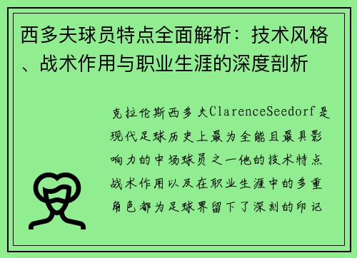 西多夫球员特点全面解析：技术风格、战术作用与职业生涯的深度剖析