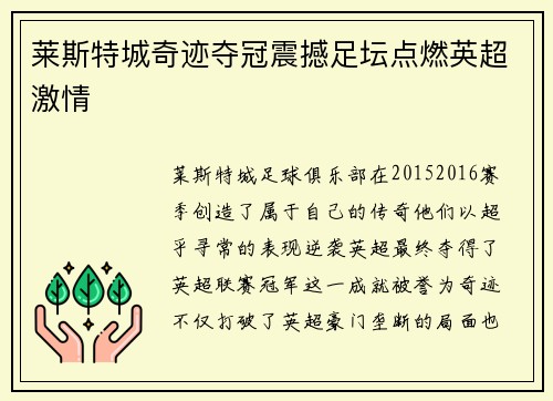 莱斯特城奇迹夺冠震撼足坛点燃英超激情