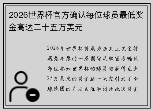 2026世界杯官方确认每位球员最低奖金高达二十五万美元 2026世界杯官方确认每位球员最低奖金高达二十五万美元