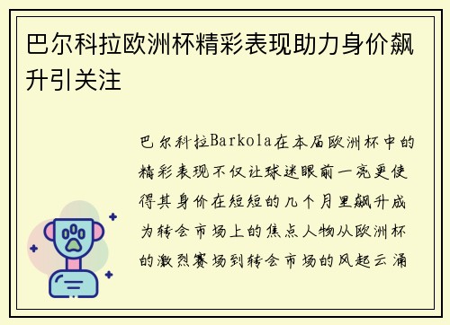 巴尔科拉欧洲杯精彩表现助力身价飙升引关注